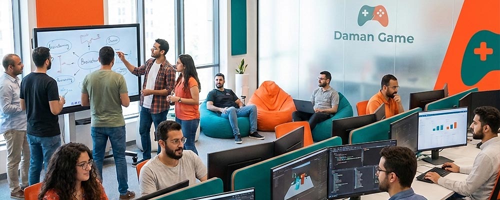Daman Game team working in a modern office environment